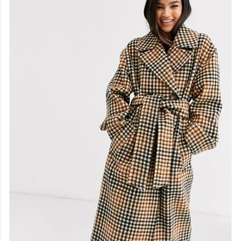 ASOS Plaid Check Neutrals Wool Belted Contemporary Lappel Long Coat Size 0